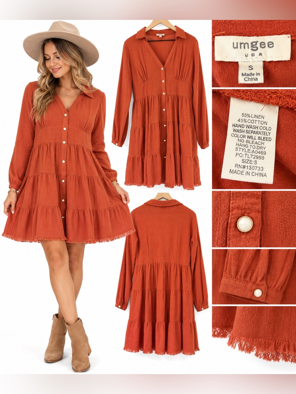 Umgee Linen Blend Embroidered Boho Tunic Dress Rust orange small Frayed Hem